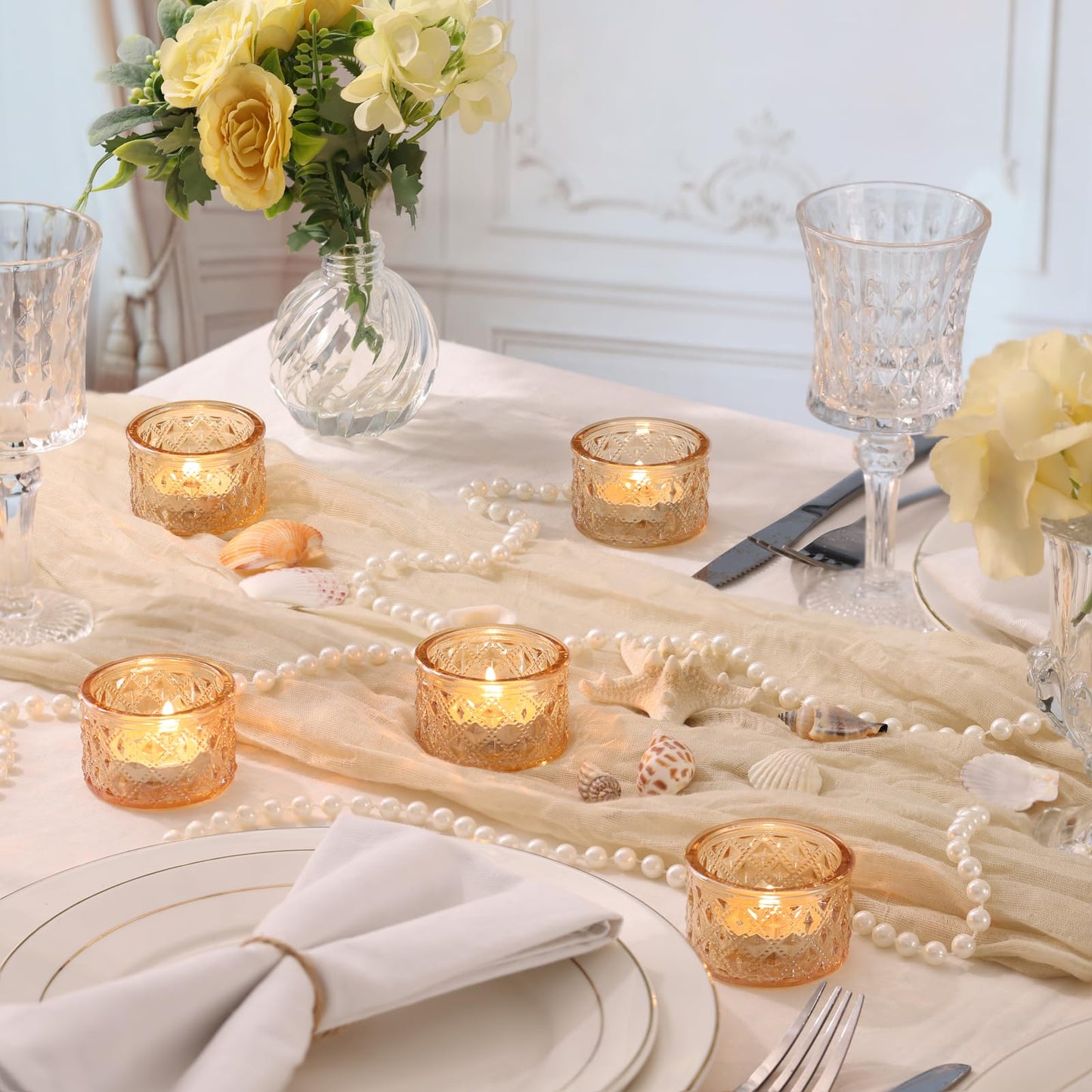 MATAHUM 24 Pack Gold Tealight Candle Holders, Glitter Diamond Glass Votive Candle Holders Bulk for Wedding Centerpieces, Bridal Shower, Baby Shower, Birthday, Anniversary, Party Decor
