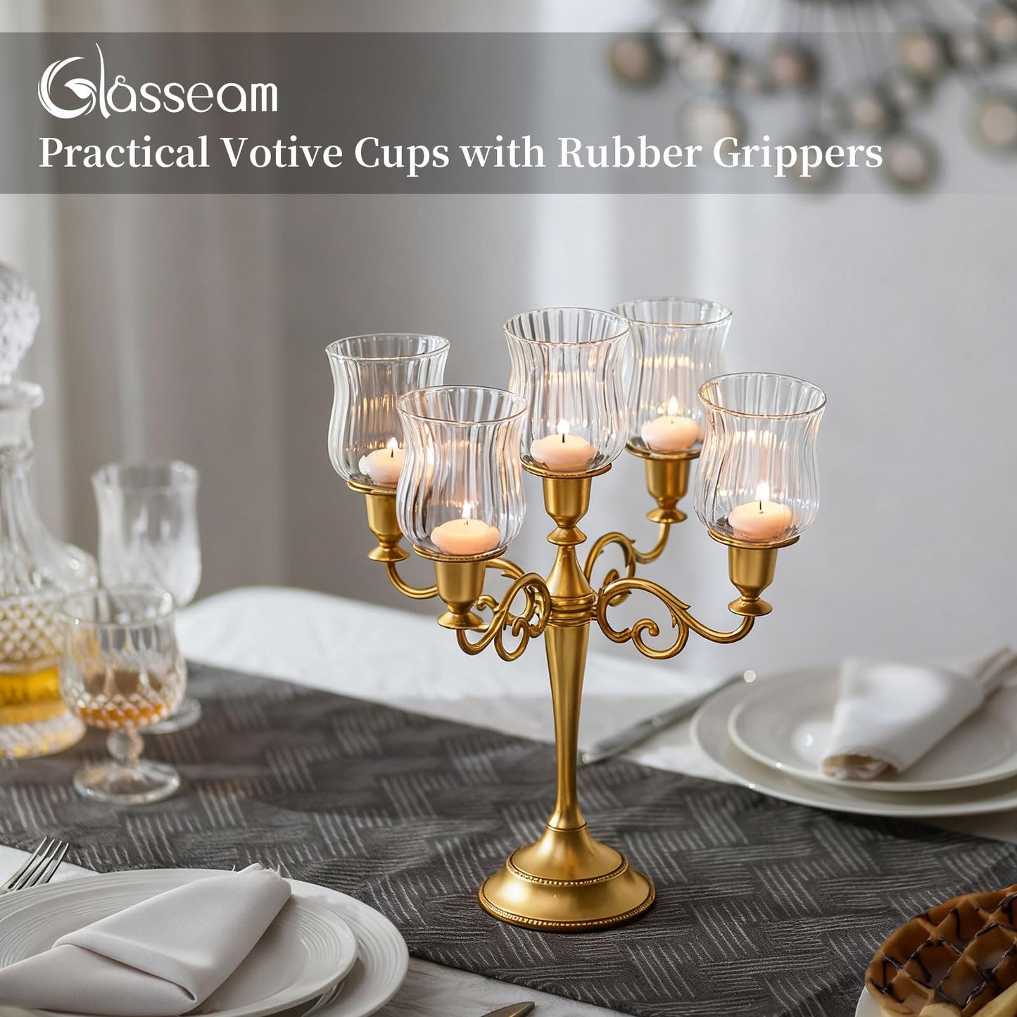 Glasseam Glass Votive Cups with Pegs: Set of 5 Shabbat Votive Candle Holders Bulk with Rubber Grippers Ribbed Glass Clear Candle Cups for Candlestick Holders Shabbos Party Centerpiece Decoration