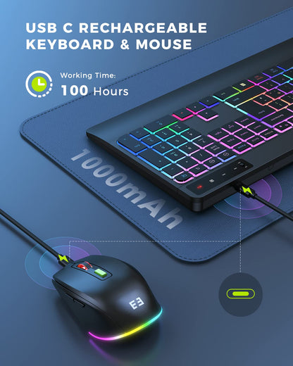seenda 2.4G Wireless Keyboard and Mouse Combo with Rainbow Backlit, Rechargeable Keyboard and Mice Set UK Layout Full Size with 2 in 1 USB C & USB A Dongle and Wirst Rest, Black