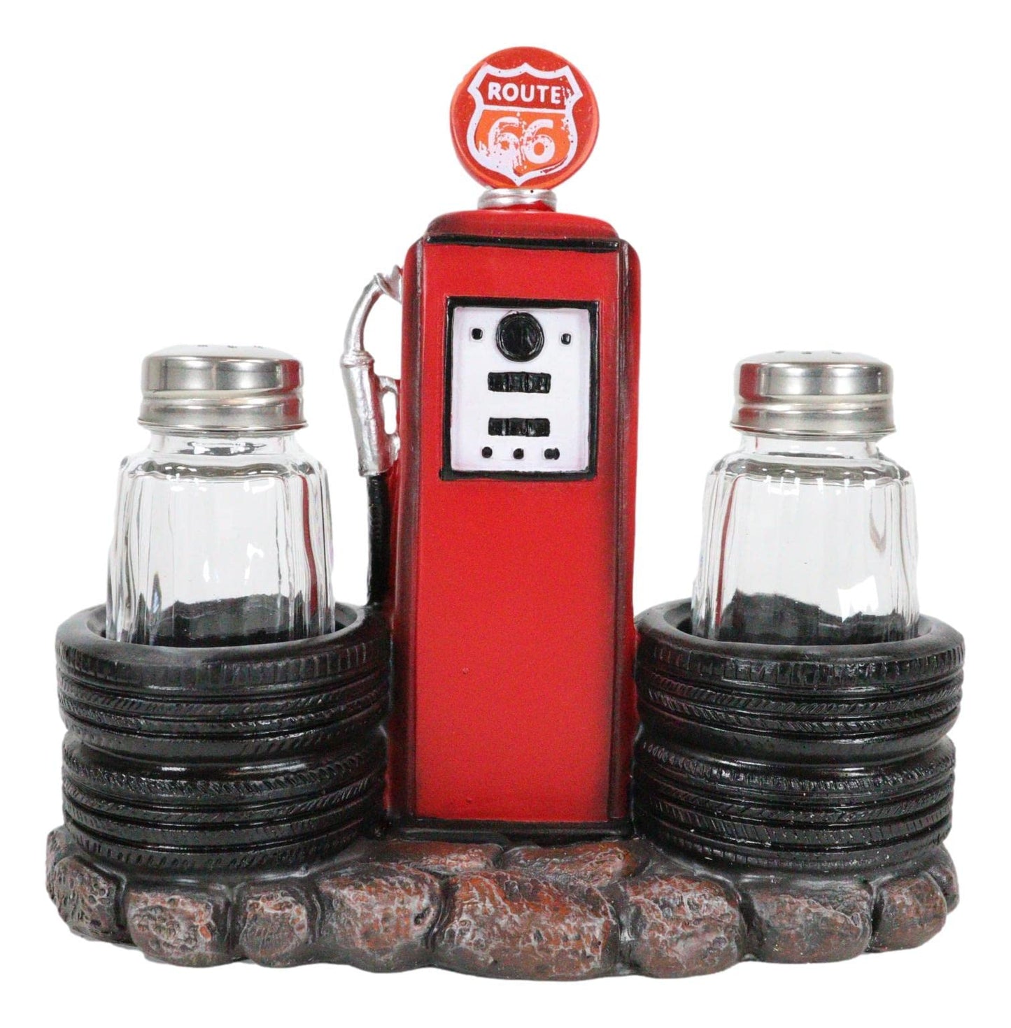 Ebros Gift Vintage Nostalgia Route 66 Highway Stop Old Fashioned Red Gas Pump Station Salt And Pepper Shaker Holder Figurine Cross Country Road Trip Lovers Kitchen Accent
