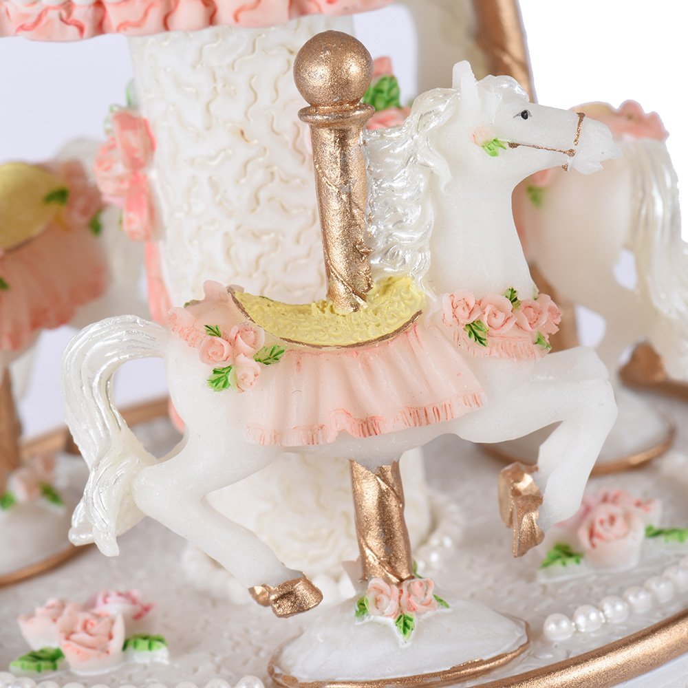 Carousel Music Boxes for Girls 3-Horse Rotating Windup Melody Castle in The Sky Color Change LED Lights Musical Gift for Daughter Birthday Christmas Festival Music Box Artware Pink