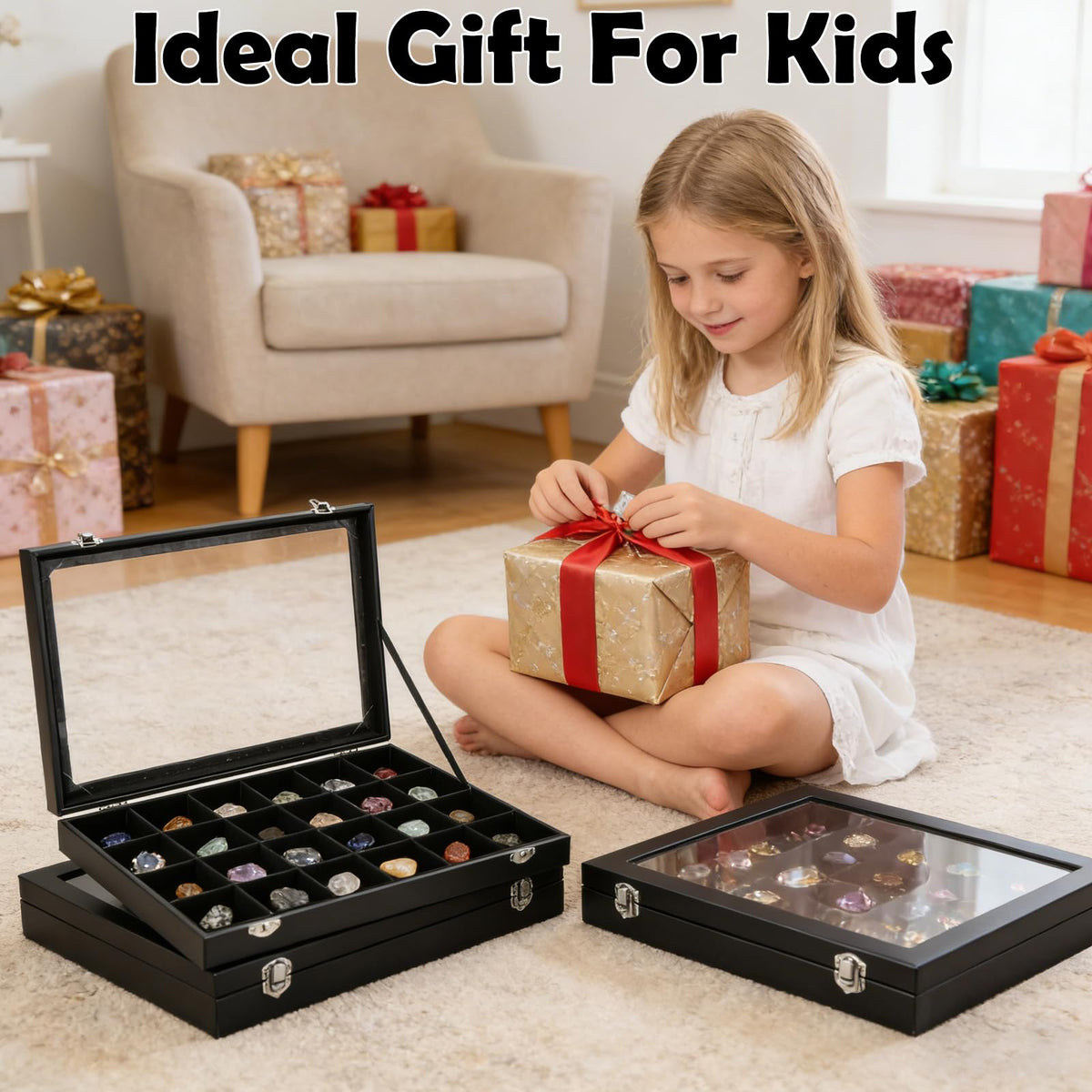 Acrux7 2 Pack Rock Collection Display Case, 24 Grid Rock Display Case, Black PU Leather Rocks Collection Box with Clear Glass Lid and Soft Velvet Grids for Collectibles, Gemstone, Crystal, Small Stone