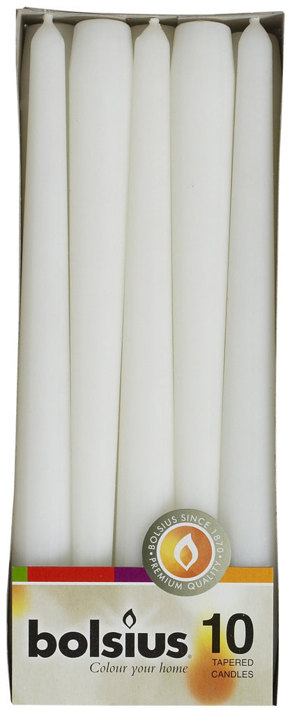 Bolsius Tapered Dinner Candles - White - Pack of 10 - 3.9x9.8x25.2 cm - Unscented - 7,5 Burning Hours