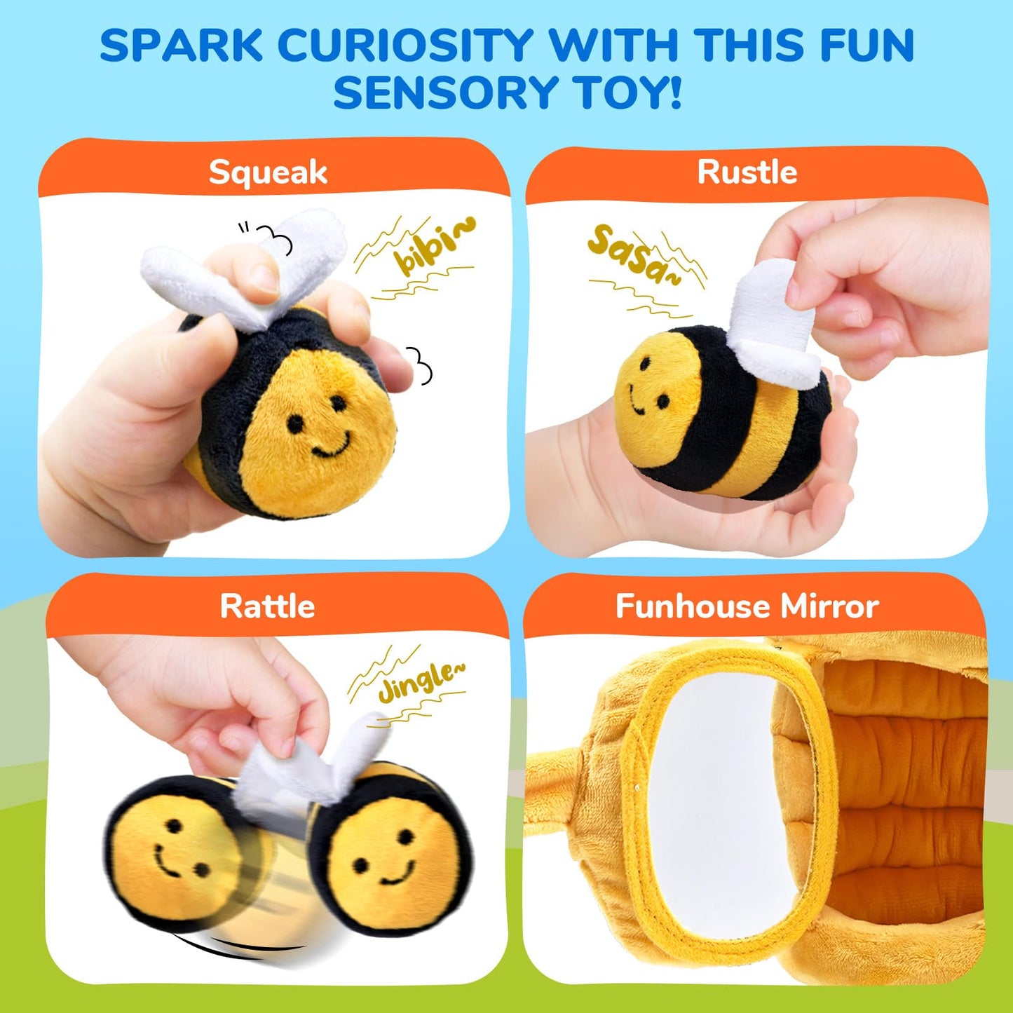 JoyCat Baby Toys 6-12 Months - B2 Soft Baby Beehive with 5 Sensory Bees - Rattle, Crinkle Paper, Squeaker, Mirror, Busy Montessori Soft Toys for Toddlers 0-3 Years Old - Boy Girl Birthday Gift
