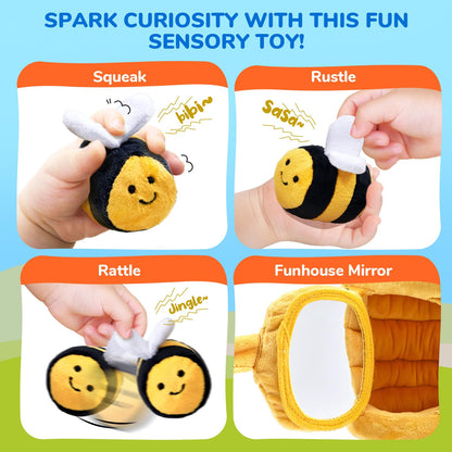 JoyCat Baby Toys 6-12 Months - B2 Soft Baby Beehive with 5 Sensory Bees - Rattle, Crinkle Paper, Squeaker, Mirror, Busy Montessori Soft Toys for Toddlers 0-3 Years Old - Boy Girl Birthday Gift