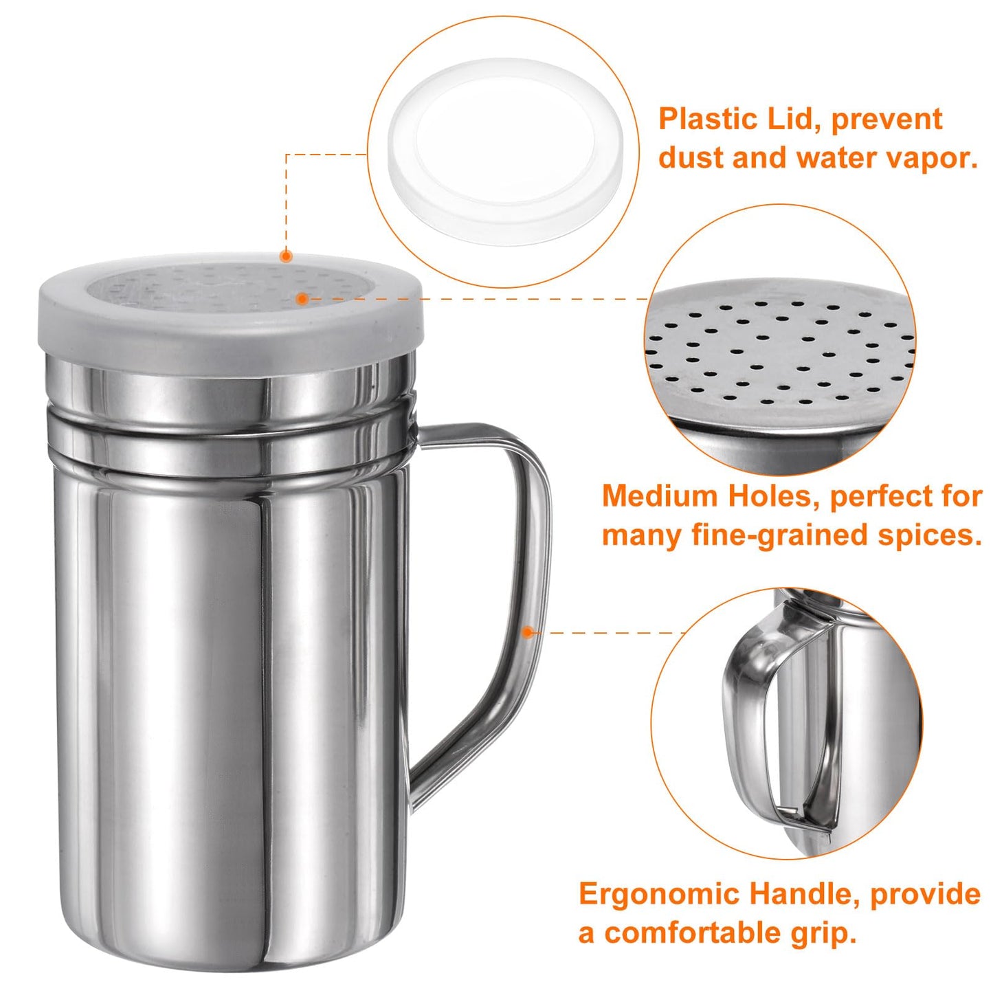 HARFINGTON Salt Dredge Shakers 14 Ounce Stainless Steel Seasonings Spice Shakers with Handle and Lid for Salt Sugar Flour