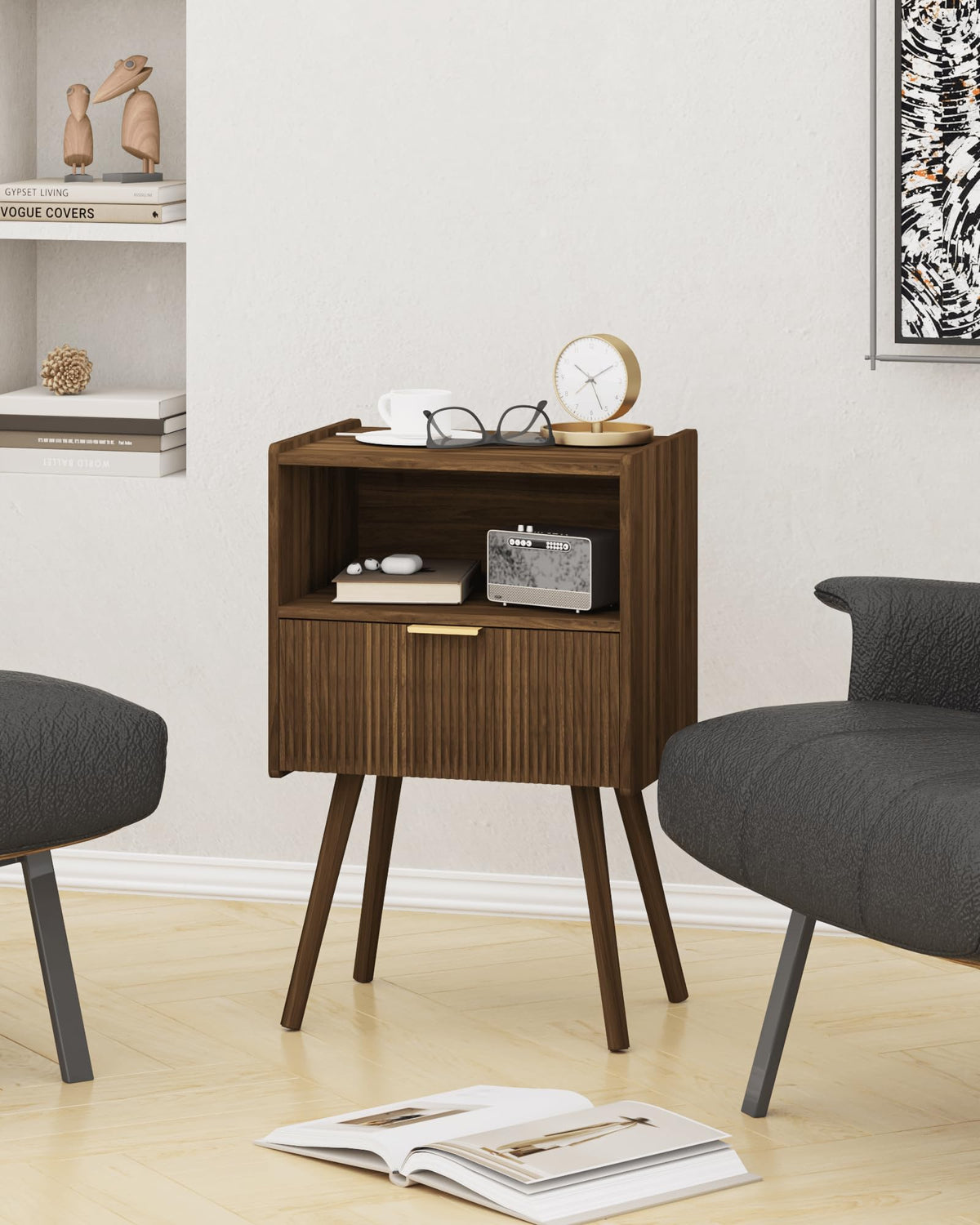 JOONEE Nightstand,Modern Bedside Table with Storage Drawer and Open Wood Shelf, for Living Room, Bedroom and Small Spaces, Accent Night Stand with Solid Wood Legs, Easy Assembly,Walnut Brown