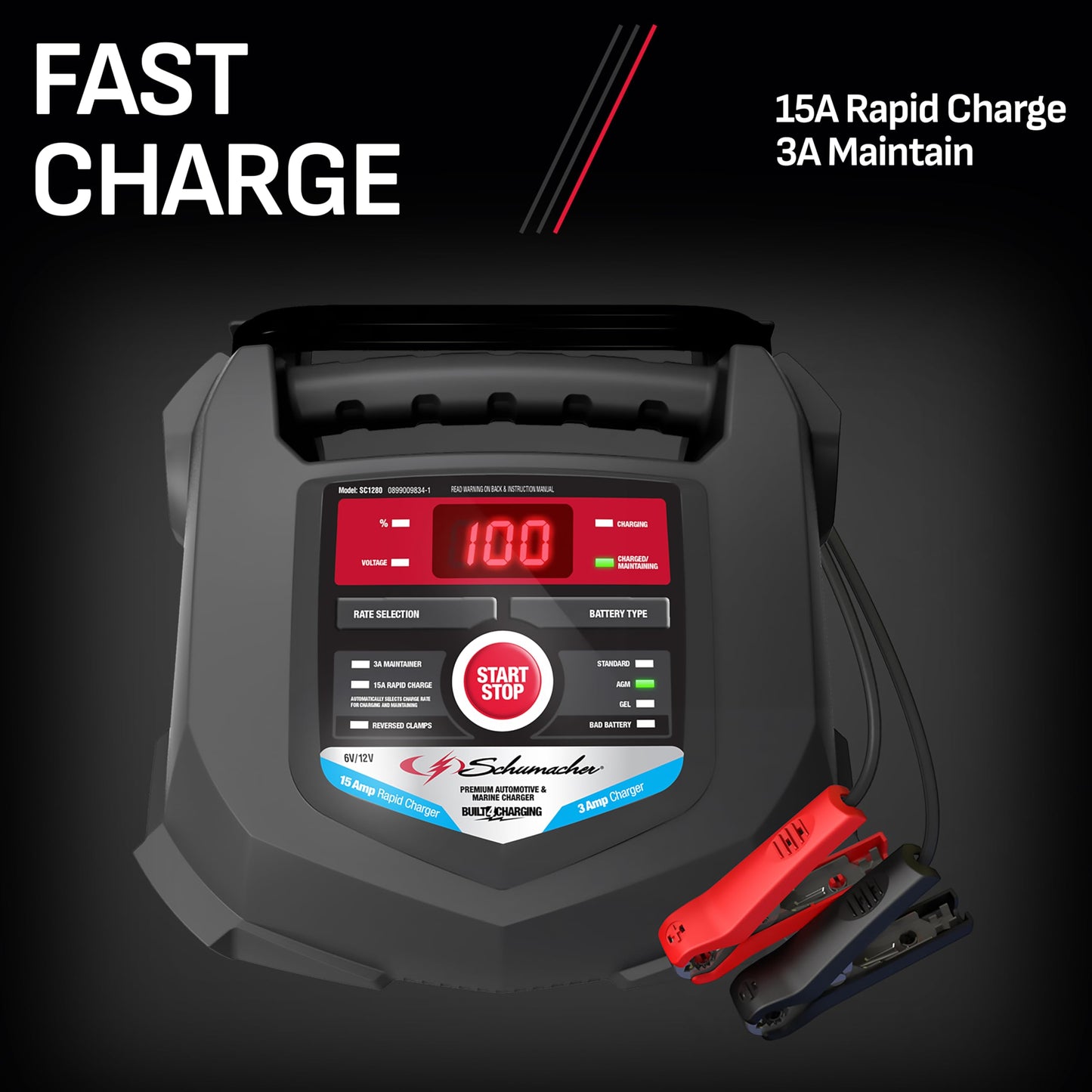 Schumacher Electric Car Battery Charger and Maintainer SC1280 4-in-1, 15 Amp, Fully Automatic for 6v and12v Automobile Batteries - Ideal for Motorcycles, Cars, Trucks, SUVs, Marine Batteries, and More