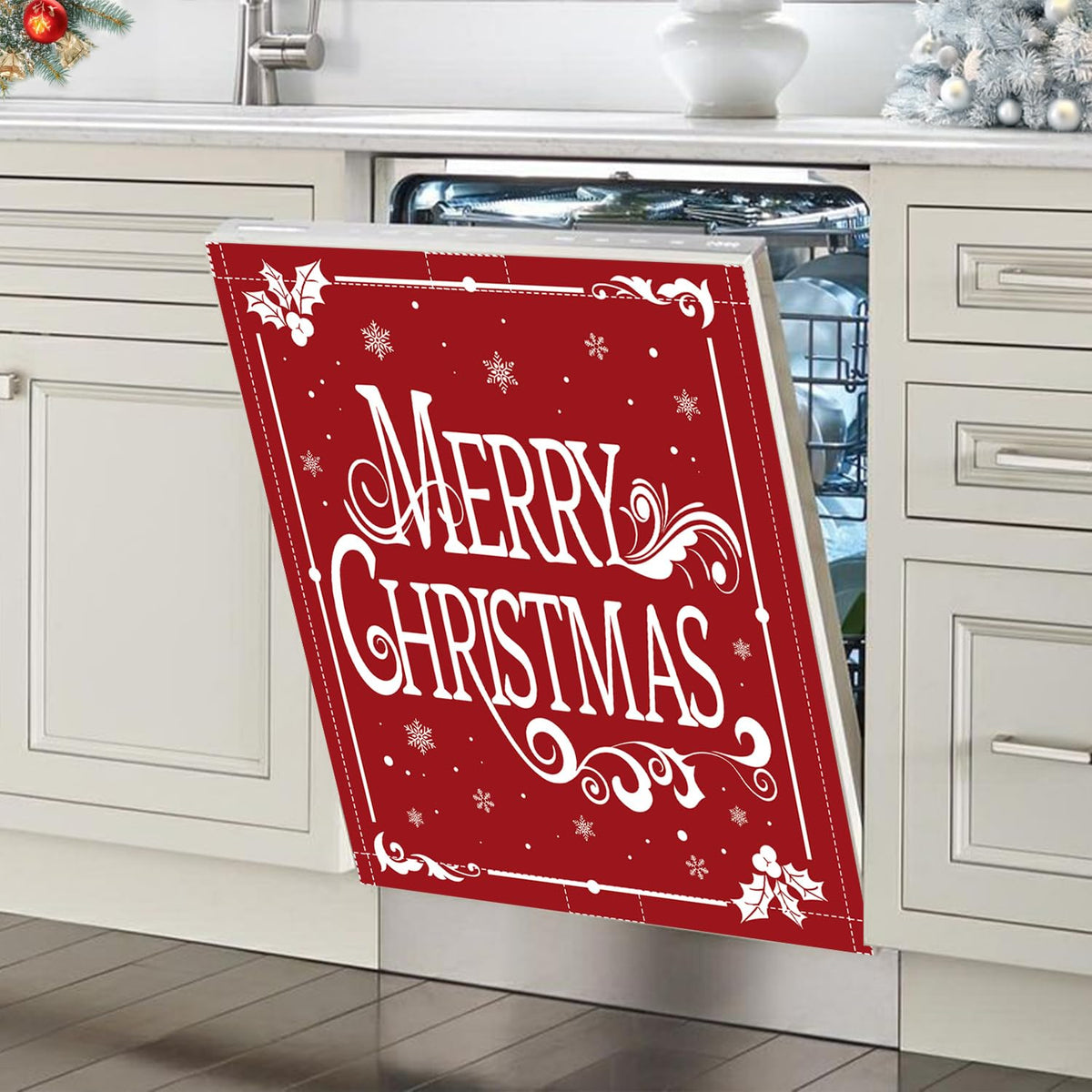 Christmas Dishwasher Magnet Cover 23x26in Merry Christmas Dishwasher Cover for Washers Fridge Panel, Snowflake Magnetic Covers for Kitchen, Machine Door Covers Decor, Red Christmas Kitchen Decor