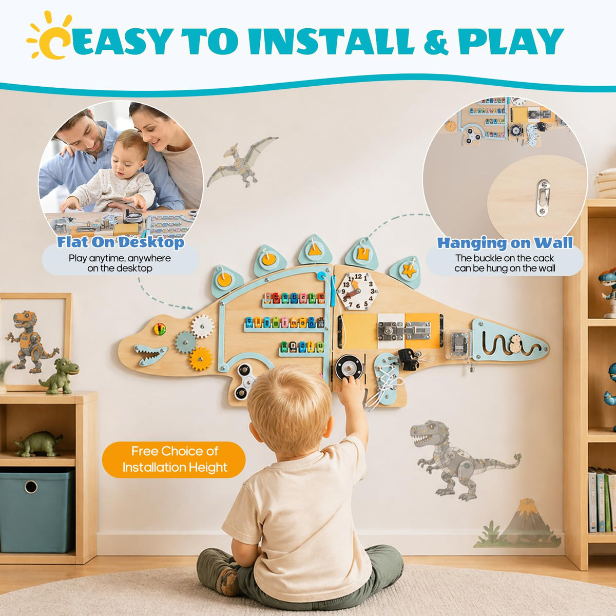 BROWNROOT Dinosaur Activity Wall Busy Board 11 in 1 Foldable Wooden Montessori Sensory Panel for Kids Wall Mounted Toddler Learning Activity Center for Playroom Daycare Nursery Classroom 3-6