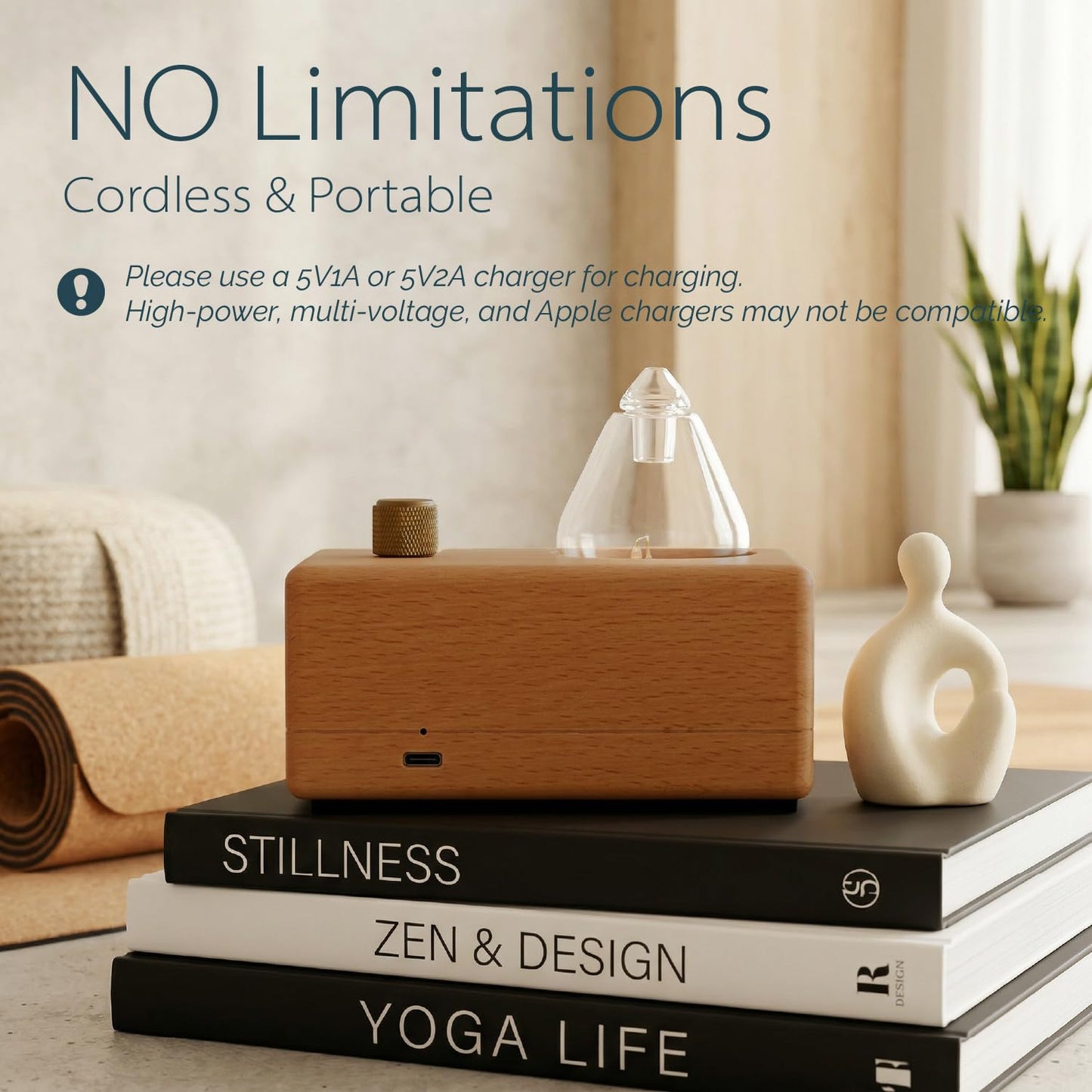 Waterdrop Glass Essential Oil Diffuser with Handmade Wood Base for Aromatherapy, Waterless Scent Diffuser for Yoga Home Office, Portable & Cordless Oil Nebulizer with LED & Timer, Gift of Fragrance