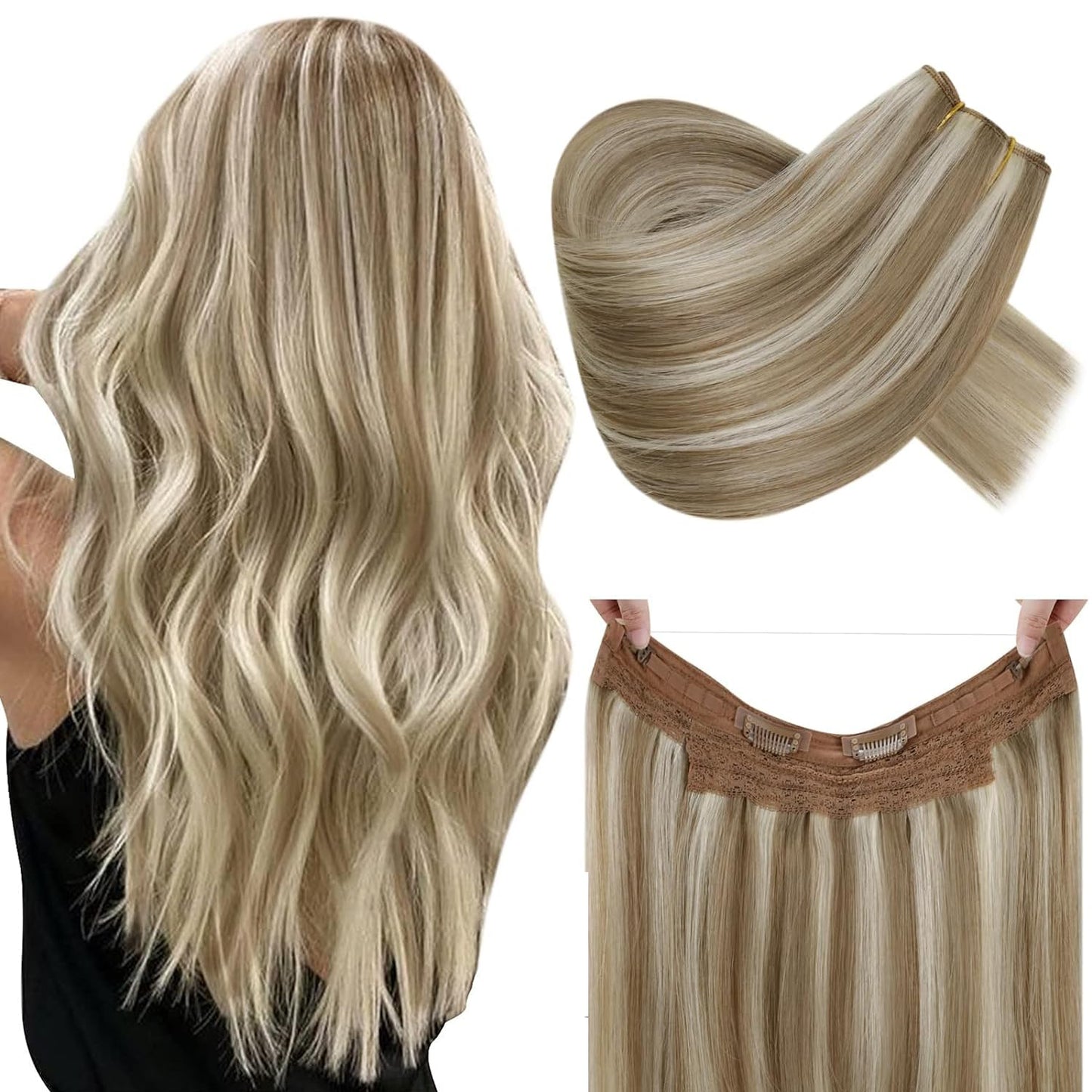 RUNATURE Blonde Secret Wire Hair Exensions Blonde Highlight Brown One Piece Hair Extensions Human Hair Wire in Extensions Straight 14 Inch 70g