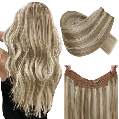 RUNATURE Blonde Secret Wire Hair Exensions Blonde Highlight Brown One Piece Hair Extensions Human Hair Wire in Extensions Straight 14 Inch 70g