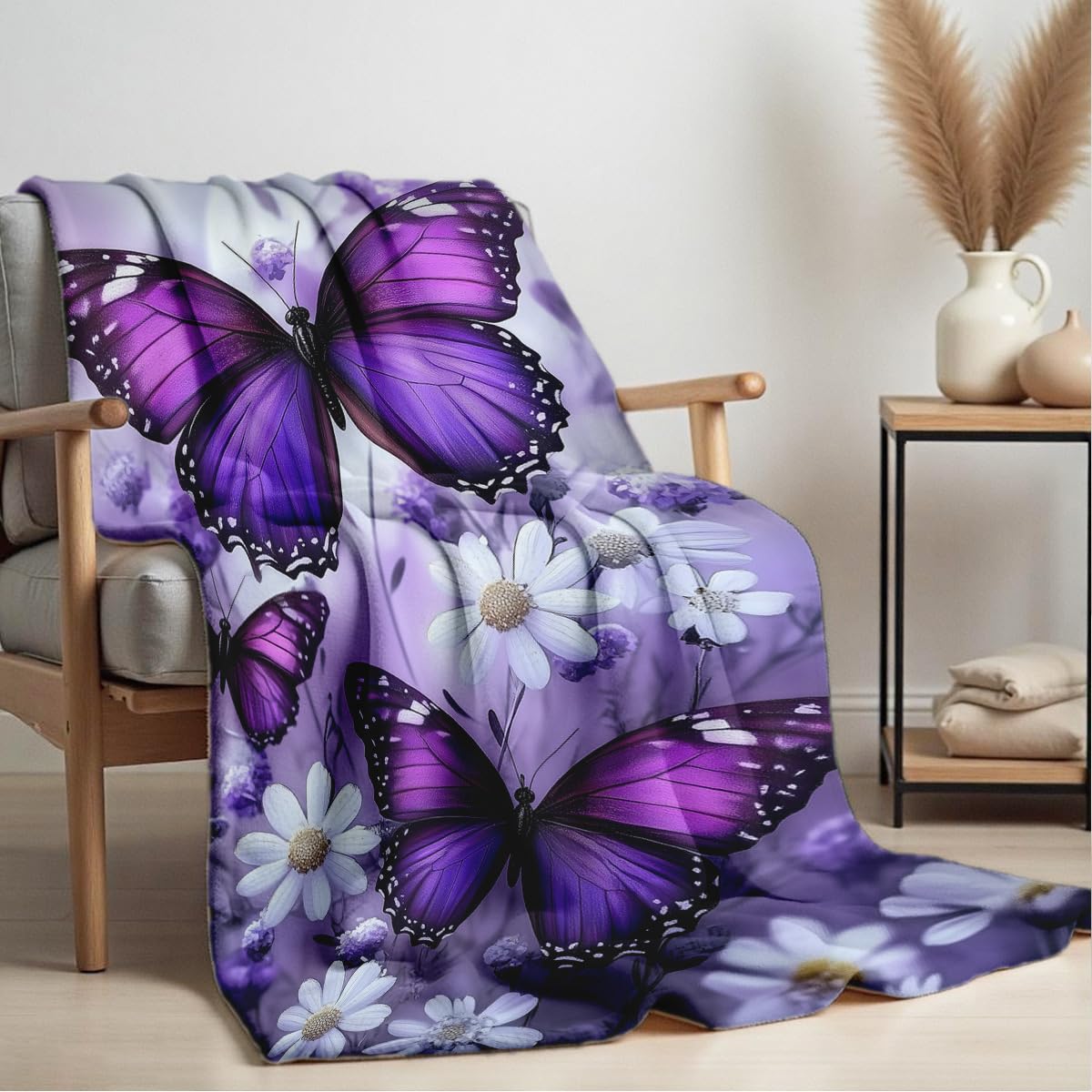 HUNXIAOJ Printed Bed Blanket Purple Butterfly Throws Soft Flannel Blanket Butterfly Gifts for Adults Kids Couch Butterflies Decor for Sofa Bed Office (49"x59")
