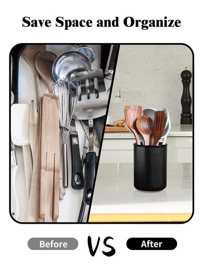 LoeJan Utensil Holder, Extra Large Utensil Crock, Stable Ceramic Utensil Organizer, Cooking Tool Organizer Set for Kitchen Counter Farmhouse Decor (F-6.7" Black)