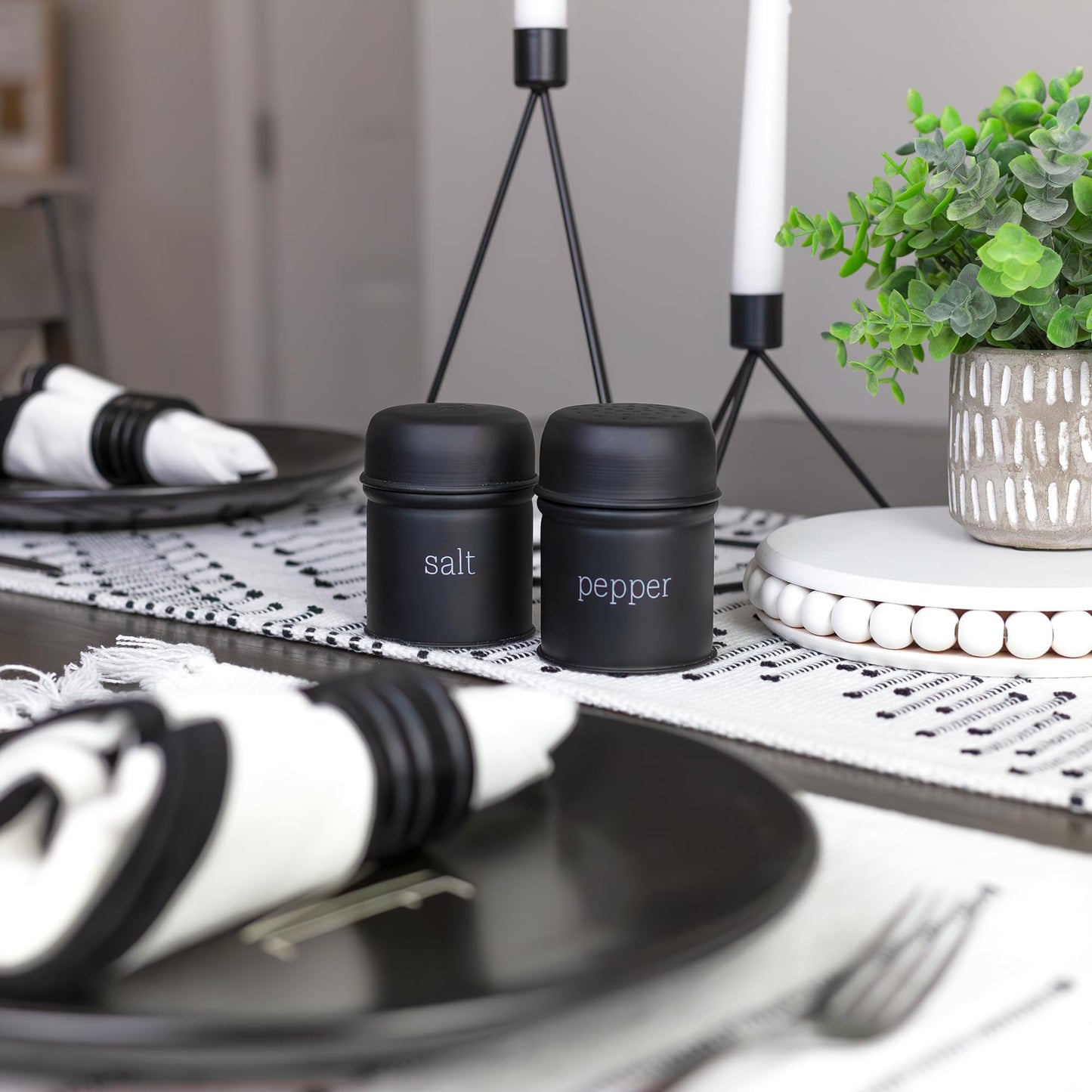 AuldHome Design Salt and Pepper Shaker Set (Black); Contemporary Modern Farmhouse Retro Enamel Style Shaker Set