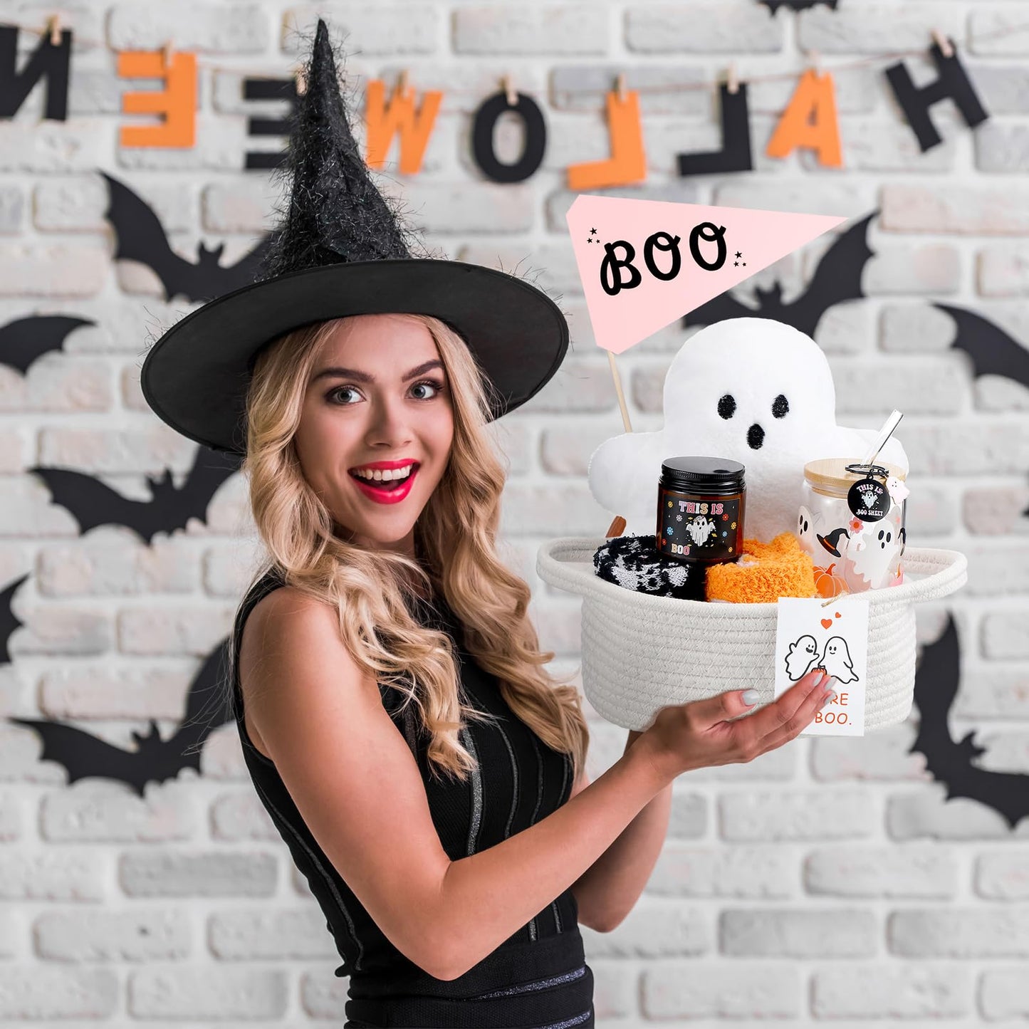 LemonRoad 9 Pcs Boo Basket Stuffers for Women Halloween Boo Basket Items Gift Set with Ghost Plush Toy Spooky Glass Cup Scented Candle Socks for Her Women Adults Wife Girlfriend Friend(Fashion)