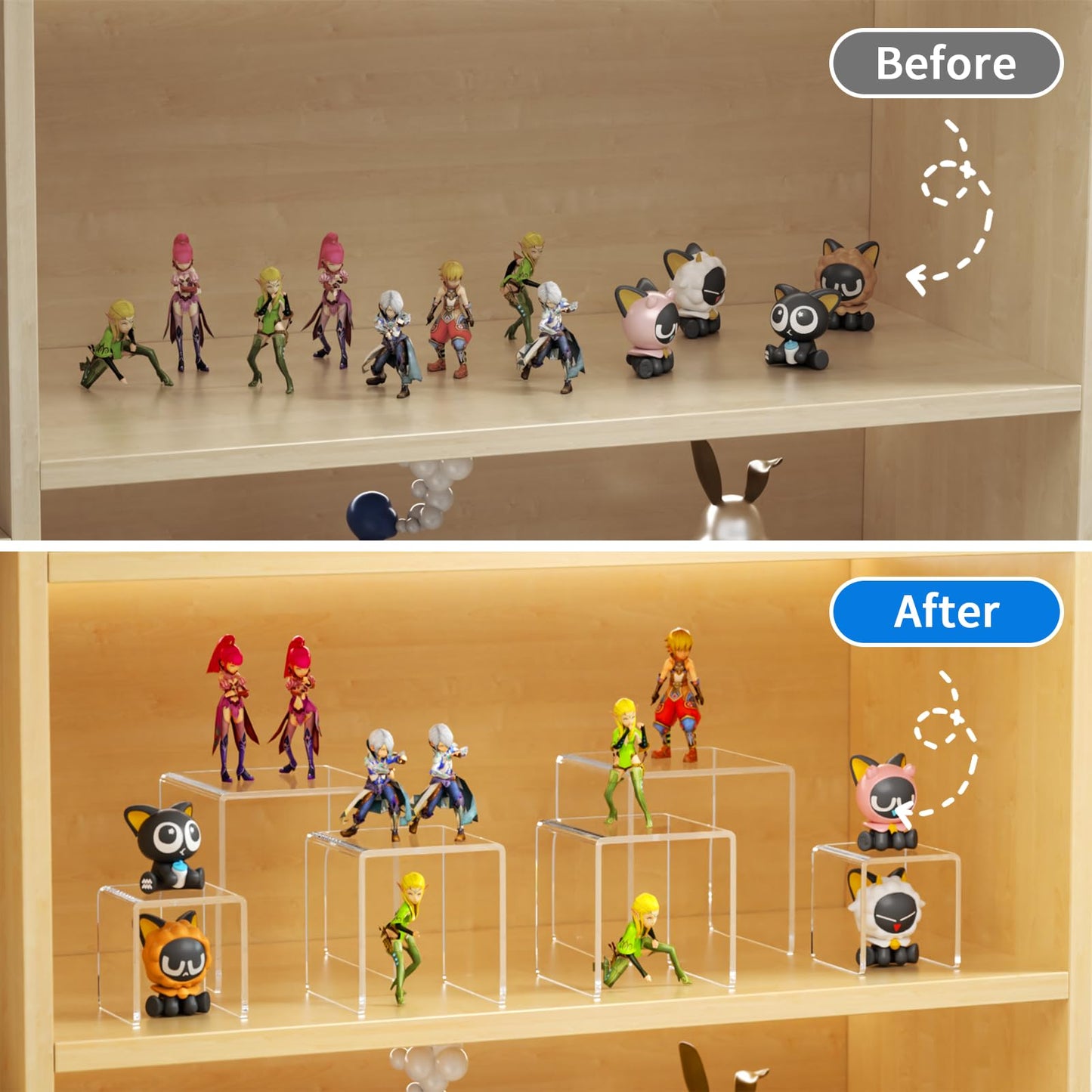 NIUBEE Acrylic Display Risers Stand 2 Sets,3 Steps Clear Riser Shelf Showcase for Amiibo Funko POP Figures -8.4"x6.3"x4.3"