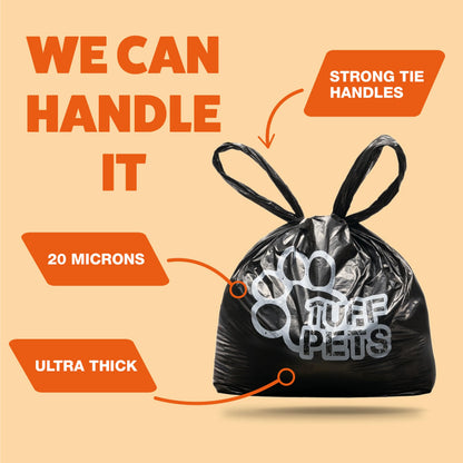 Tuff Pets - Dog Poop Bags Rolls With Tie Handles - 16 Rolls of Biodegradable Poo Bags - Fits in any Dogs Poo Bag Dispenser or Holder - 50% Stronger Than Average Doggy Waste Bags