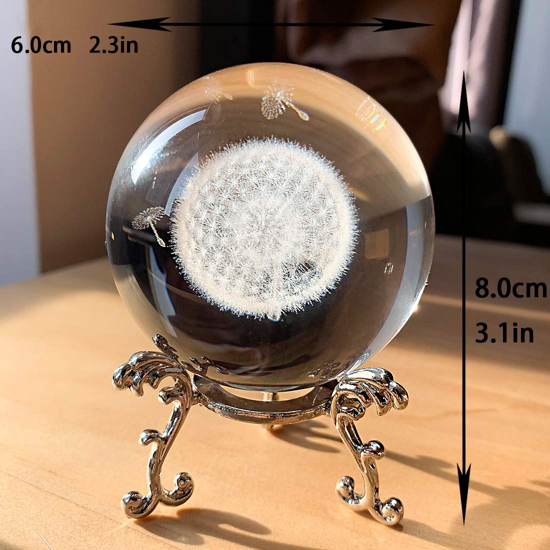 HDCRYSTALGIFTS 60mm Dandelion Crystal Ball Paperweight with Stand Gift for Women Mom 3D Laser Engraved Glass Plant Decorative Ball Full Sphere Home Office Desktop Decor