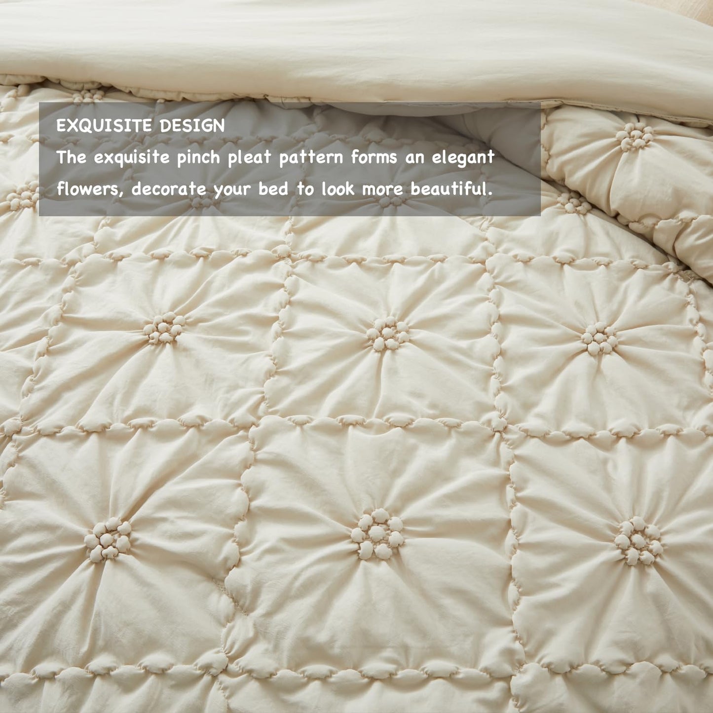 BEDAZZLED King Size Comforter Sets, Beige Bedding Comforter Set, 3 Pieces Pinch Pleat Bedding Sets with Comforter and Pillowcases Soft Farmhouse Shabby Chic Comforter for All Season
