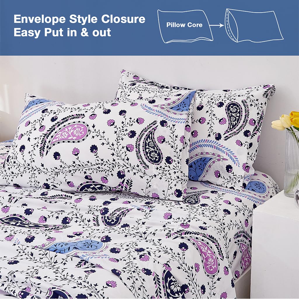 JSD Paisley Floral Printed Sheet Set King Size, 4 Piece Soft Pattern Microfiber Sheets Extra Deep Pocket