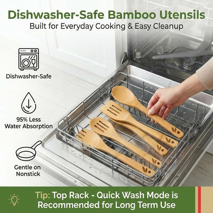 Cusinera Dishwasher Safe Bamboo Wooden Spoons for Cooking 6-Piece – Kitchen Gadgets Wooden Cooking Utensils Set – Premium Kitchen Utensils Set – Easy to Clean, Perfect for Non-Stick Cookware