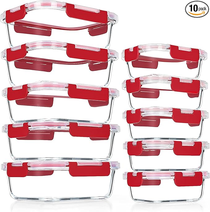 VERONES 10Pack Glass Meal Prep Containers, Airtight Glass Lunch Containers