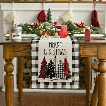 Artoid Mode Waterclor Buffalo Plaid Christmas Trees Merry Xmas Table Runner, Seasonal Winter Holiday Kitchen Dining Table Decoration for Indoor Outdoor Home Party Decor 13 x 90 Inch