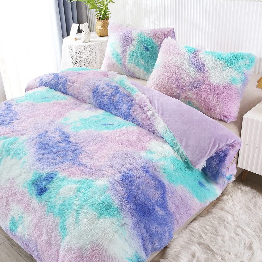 WINLIFE Faux Fur Comforter Set Queen Size for Girls Tie Dye Plush Shaggy Winter Long Hair Fuzzy Fluffy Bedding Soft Warm Bed Sets (3Pcs, Queen, Teal Purple)