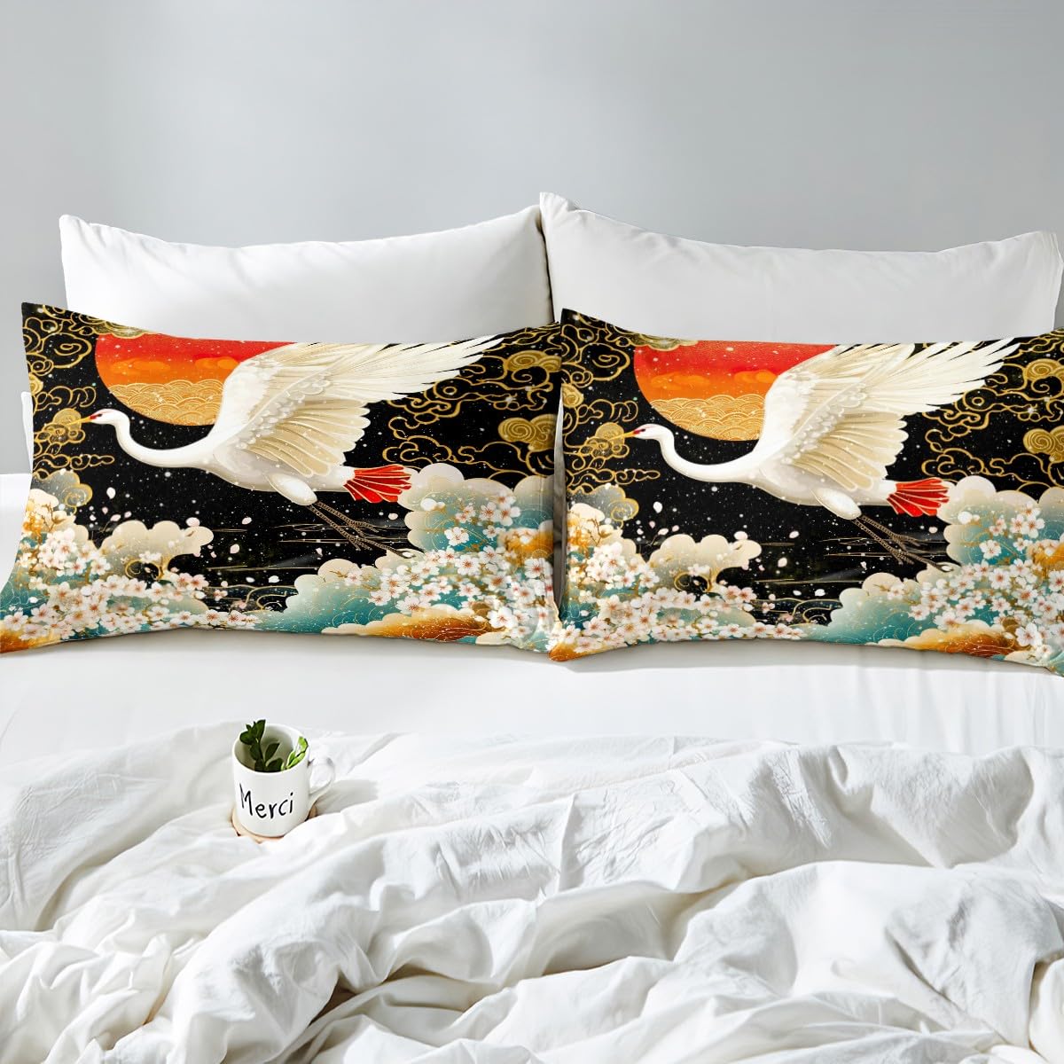 Feelyou Japanese Style Bed Sheets Set Japanese Ukiyoe Sheet Set for Kids Boys Girls Teens Sunset Room Decor Crane Sheets with Deep Pocket Fitted Sheet Queen Size Cherry Blossoms Bedding Set 4Pcs