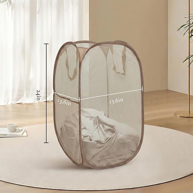 The upgraded pop-up laundry basket features a breathable side pocket mesh design