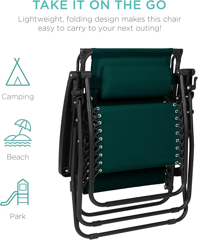 Best Choice Products 30” Wide Folding Zero Gravity Outdoor Recliner Patio Lounge Chair w/Adjustable Canopy Shade, Headrest, Side Accessory Tray - Forest Green