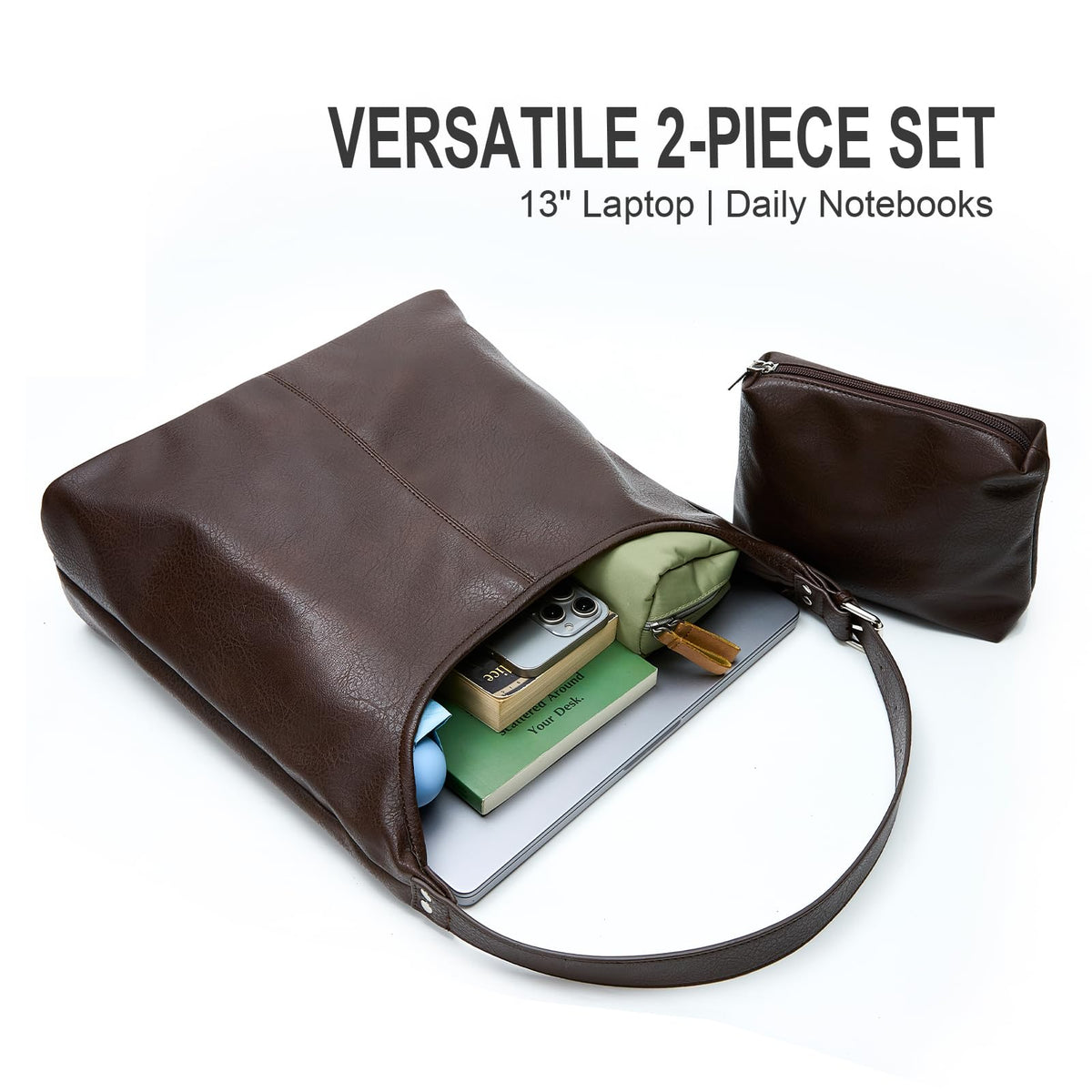 Hobo Bag for Women, Soft Vegan Leather Slouchy Shoulder Tote Purse with Matching Pouch, Adjustable Strap & Magnetic Closure Brown
