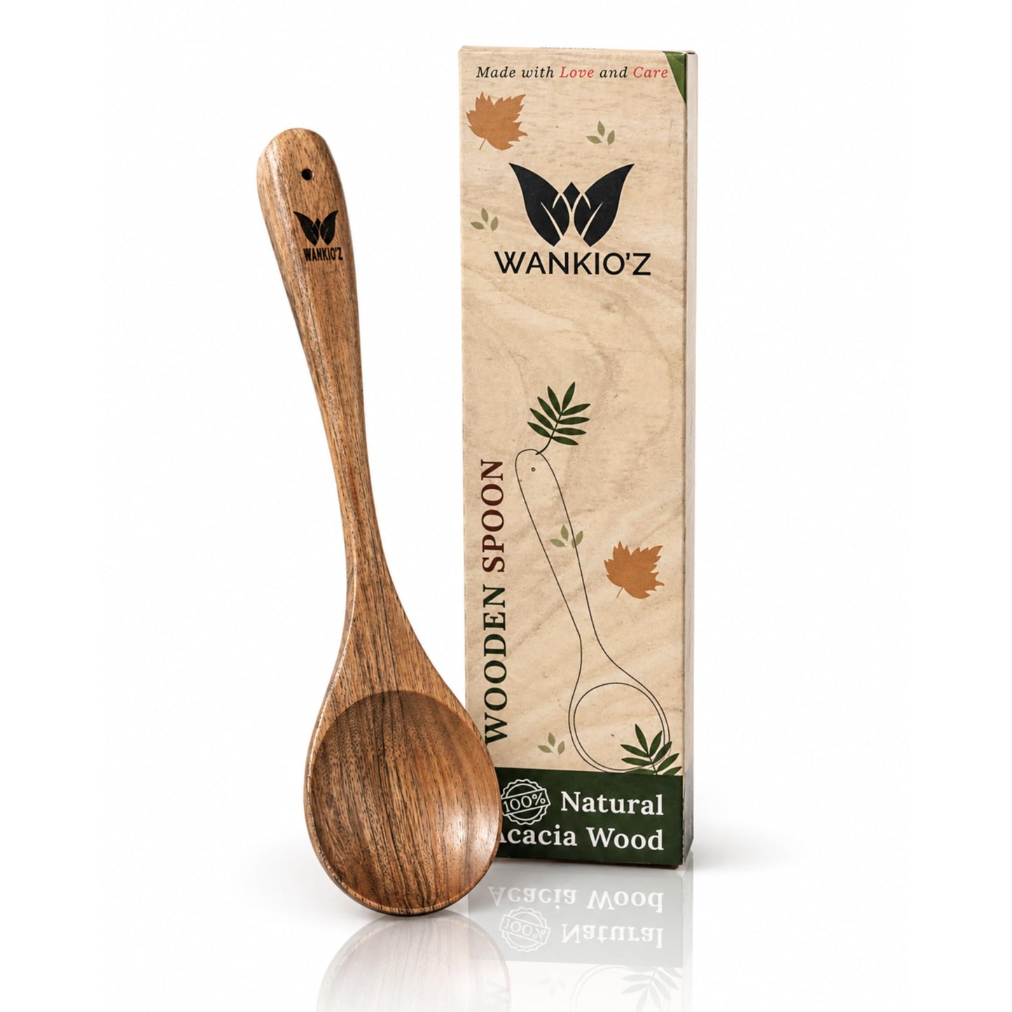 WANKIO'Z Acacia Wood Cooking Spoon – 12" Handcrafted Wooden Serving Spoon | Deep Bowl Design | Safe for Nonstick Cookware | Ergonomic Handle | Natural Kitchen Utensil