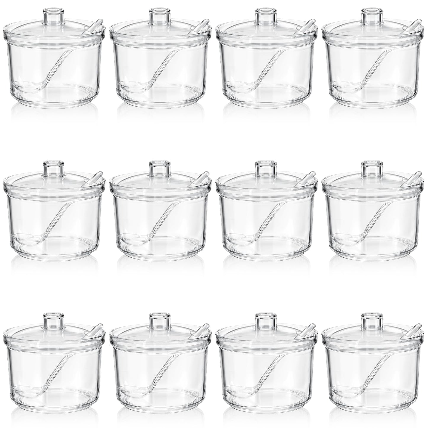 Ptwola 12 Pcs Clear Acrylic Sugar Bowl Set Sugar Containers Salt Canister with Lid and Spoon Perfect for Serving Condiment Candy Coffee Tea Spices (7.4 oz)