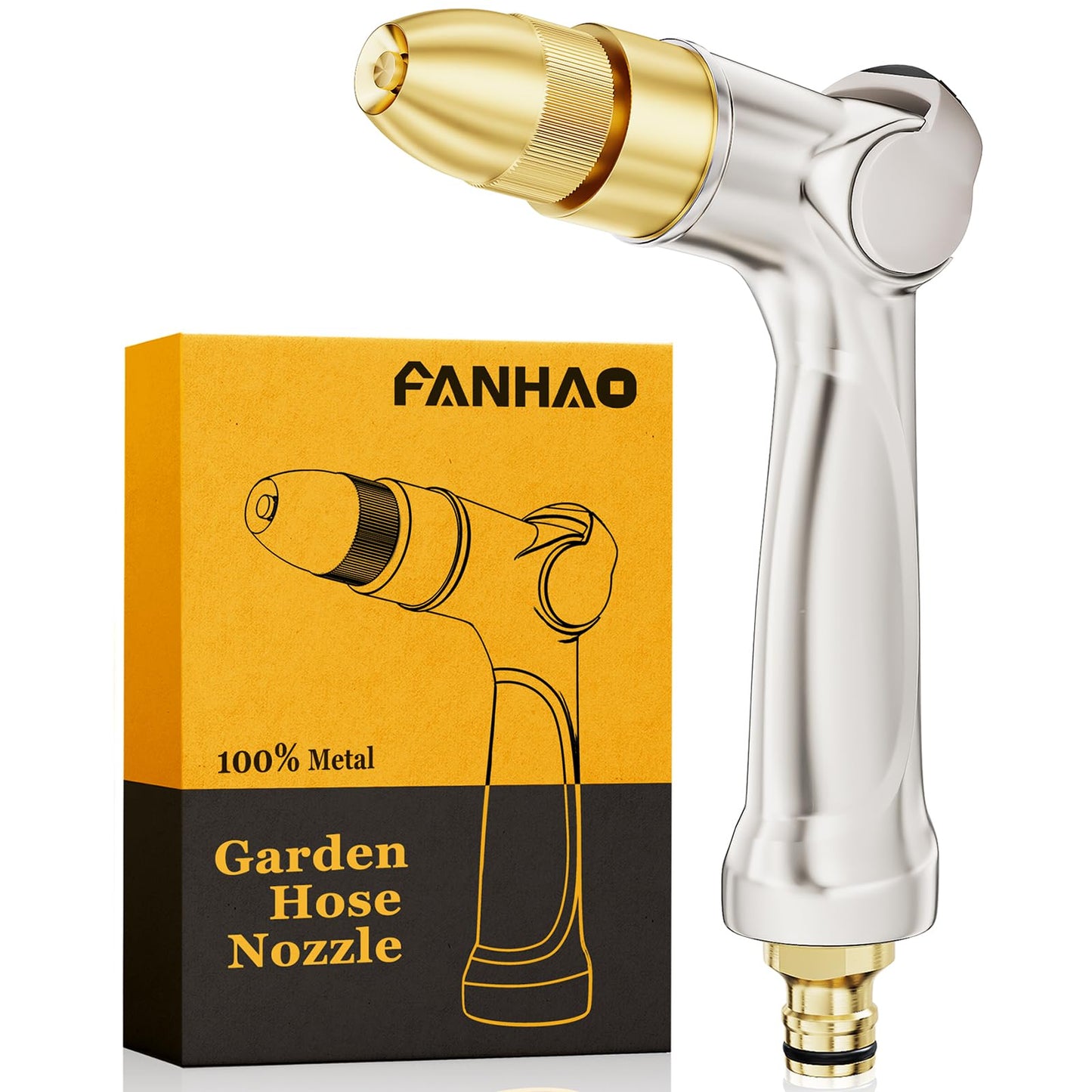 FANHAO Professional Heavy Duty Garden Hose Spray Gun, 100% Metal Thumb Control Hose Gun with Brass Tip, High Pressure Adjustable Hose Nozzle for Lawn & Plant Watering, Car & Pet Washing