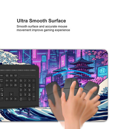 AQQA Cyberpunk Great Wave Gaming Mouse Pad - Japanese Aesthetic Large Desk Mat - XXL Extended Mousepad for Gamers, Neon Retro Wave City Art, Water-Resistant Non-Slip Rubber Base, 31.5"x15.7"