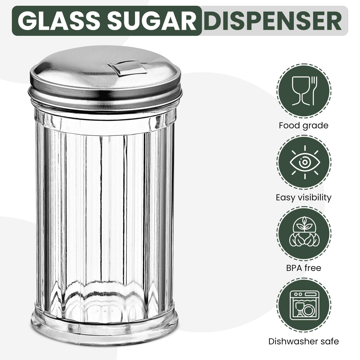 Great Credentials Retro Style Sugar Dispenser Pourer Shaker, Glass Jar with Stainless Steel Flap Lid, 12 oz, Set of 2