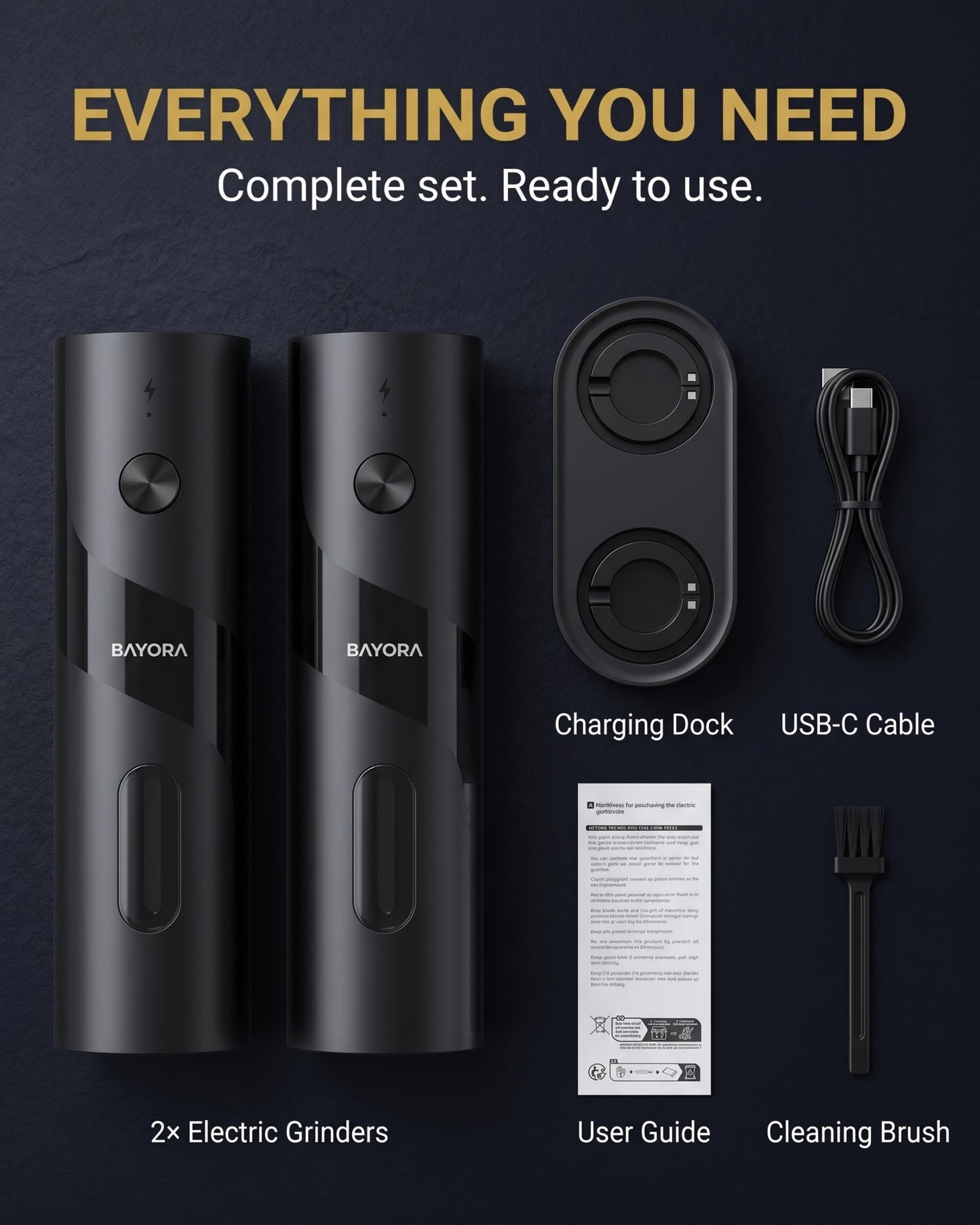 BAYORA Rechargeable Electric Salt & Pepper Grinder Set w/ Charging Base – Automatic Salt & Pepper Mills, USB-C, Adjustable Coarseness, Large Capacity, LED Charging Indicator, 2-Pack, Kitchen Gifts