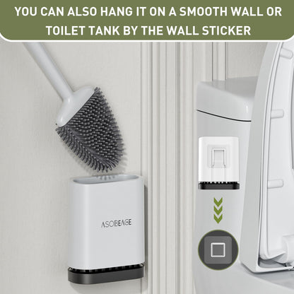 ASOBEAGE Silicone Toilet Brush: Flexible Head, Long Handle, Wall-mounted, Quick-drying Holder for Bathroom Clean (White)