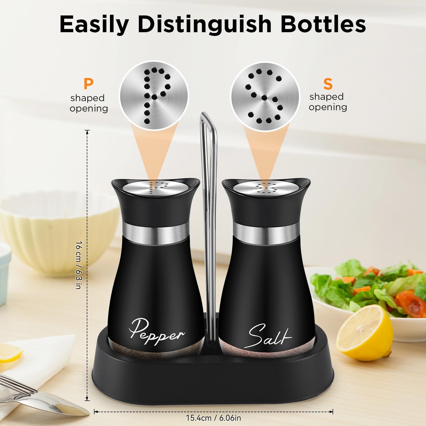 Salt and Pepper Shakers, Farmhouse Salt and Pepper Shakers Set with Holder, electroplated Handle, 4 oz Stainless Steel Glass Bottle Dispenser, for Table, RV, Camp, BBQ (Black)