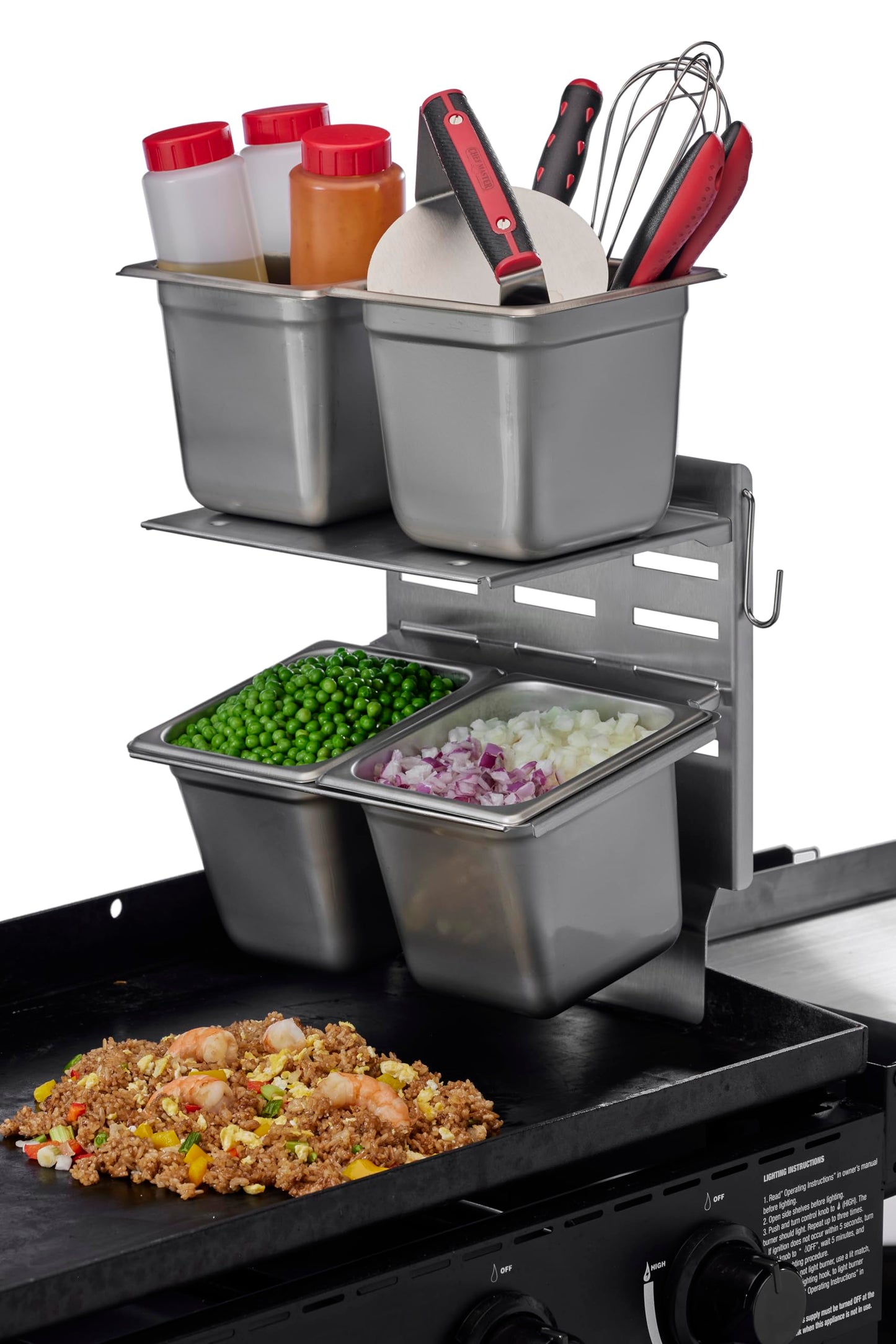 Chef Master Steam Pan Insert & Adjustable Griddle Shelf Set – Organizer & Condiment Holder for Utensils, Ingredients & BBQ Cooking - Grill Accessories for Outdoor Grill - 90260 & 90316