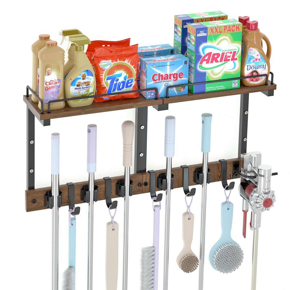 Casremee Mop Holder Wall Mount with Cleaning Supplies Organizer, Wood Mop and Broom Hanger Rack Organizer with Anti-Fall Wall Shelf with 5 Clips & Hooks for Garage Laundry Room Kitchen (Dark)