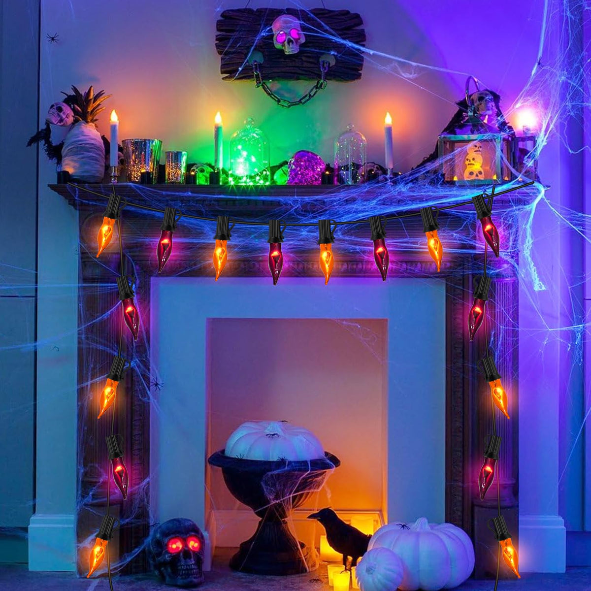 PASUTO Orange and Purple Halloween Lights - Flickering Flame String Lights, 12.8Ft Indoor Outdoor Halloween Lights C7 Retro Flame String Lights, Ideal for Fall Halloweens Decorations for Home Party
