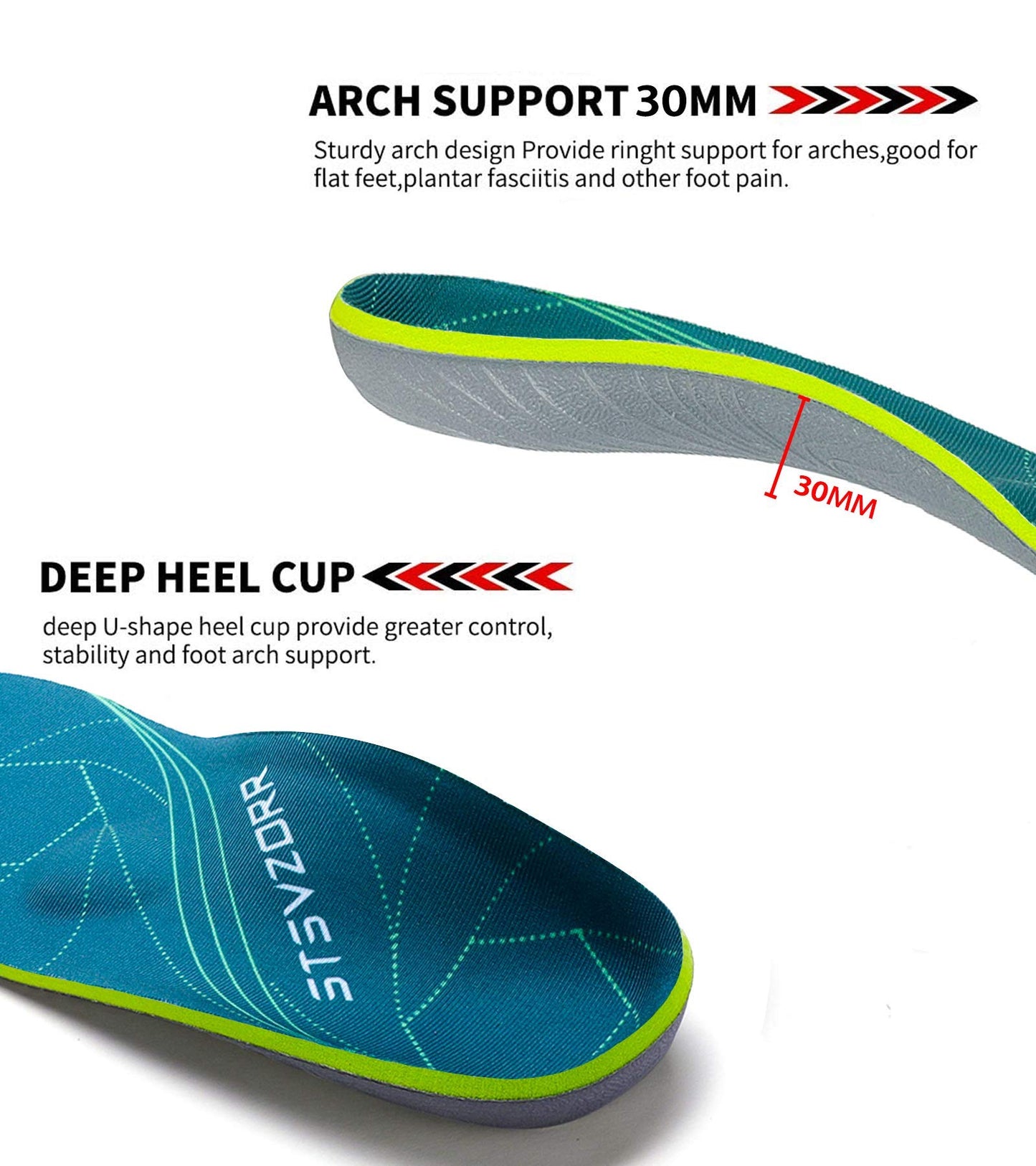 Plantar Fasciitis Arch Support Orthopedic Insoles Relieve Flat Feet Heel Pain Shock Absorption Comfortable Inserts(Size:UK-6,Length:9.87",Green)