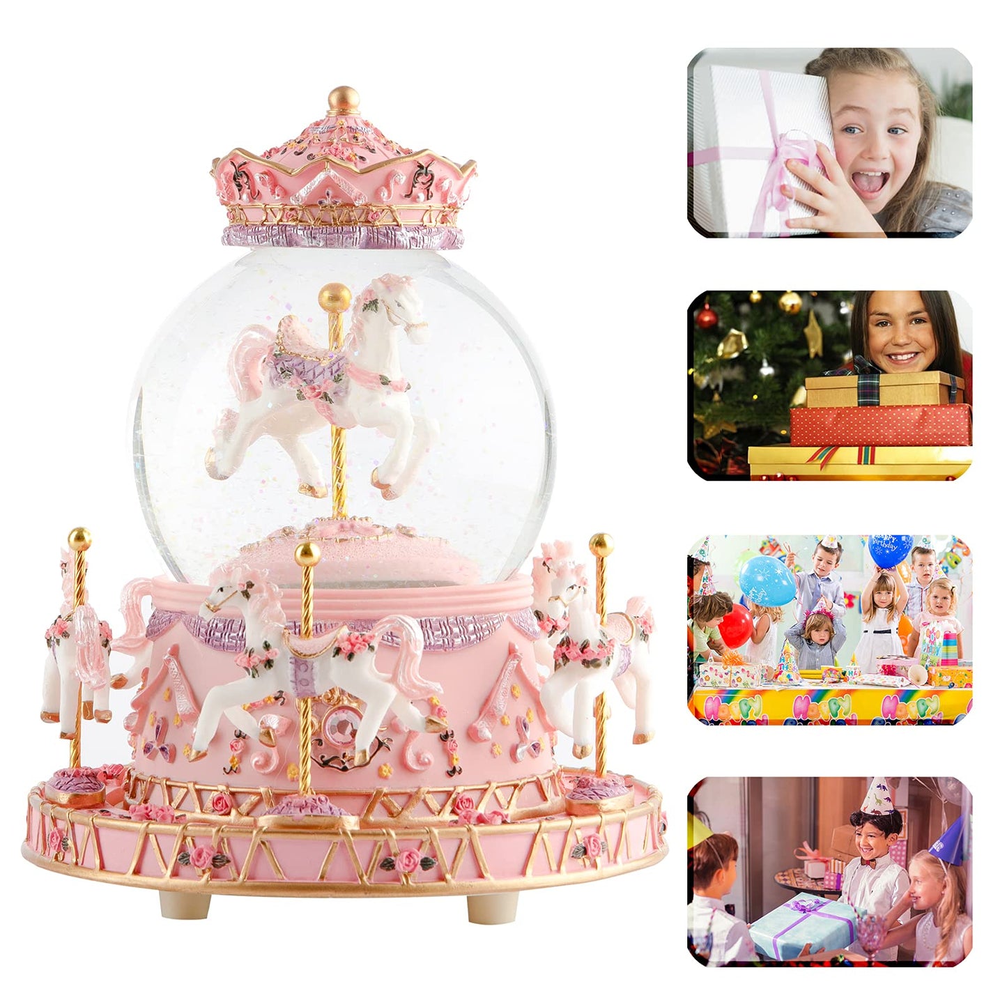 Musfunny Carousel Snow Globe Music Box: Crystal Ball Music Boxes with Color Changing LED Lights - Musical Horses Gifts for Girls Women Daughter Mothers Day Christmas Birthday
