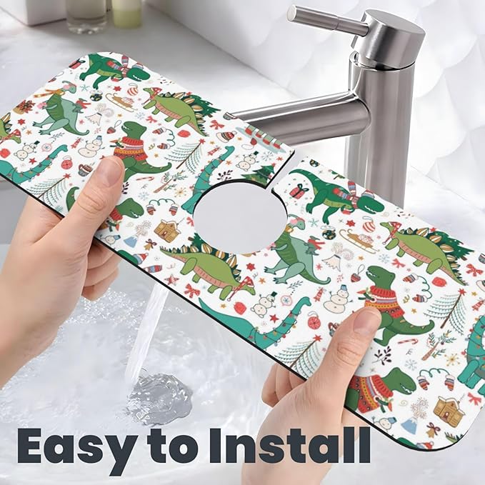 Dinosaur Christmas Happy New Year Kitchen Sink Splash Guard Faucet Mat Super