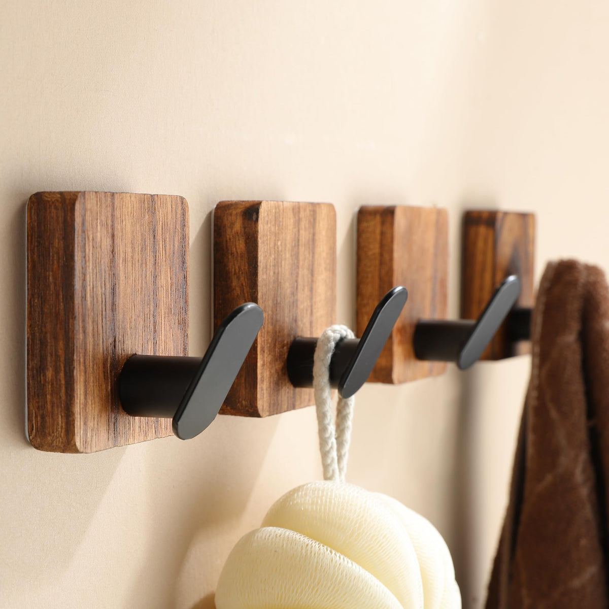DELITON Towel Hooks for Bathrooms, 4 Pack Adhesive Wood Hooks for Hanging Robes, Towels, Coat, Key, Decorative Wall Utility Hook Heavy Duty