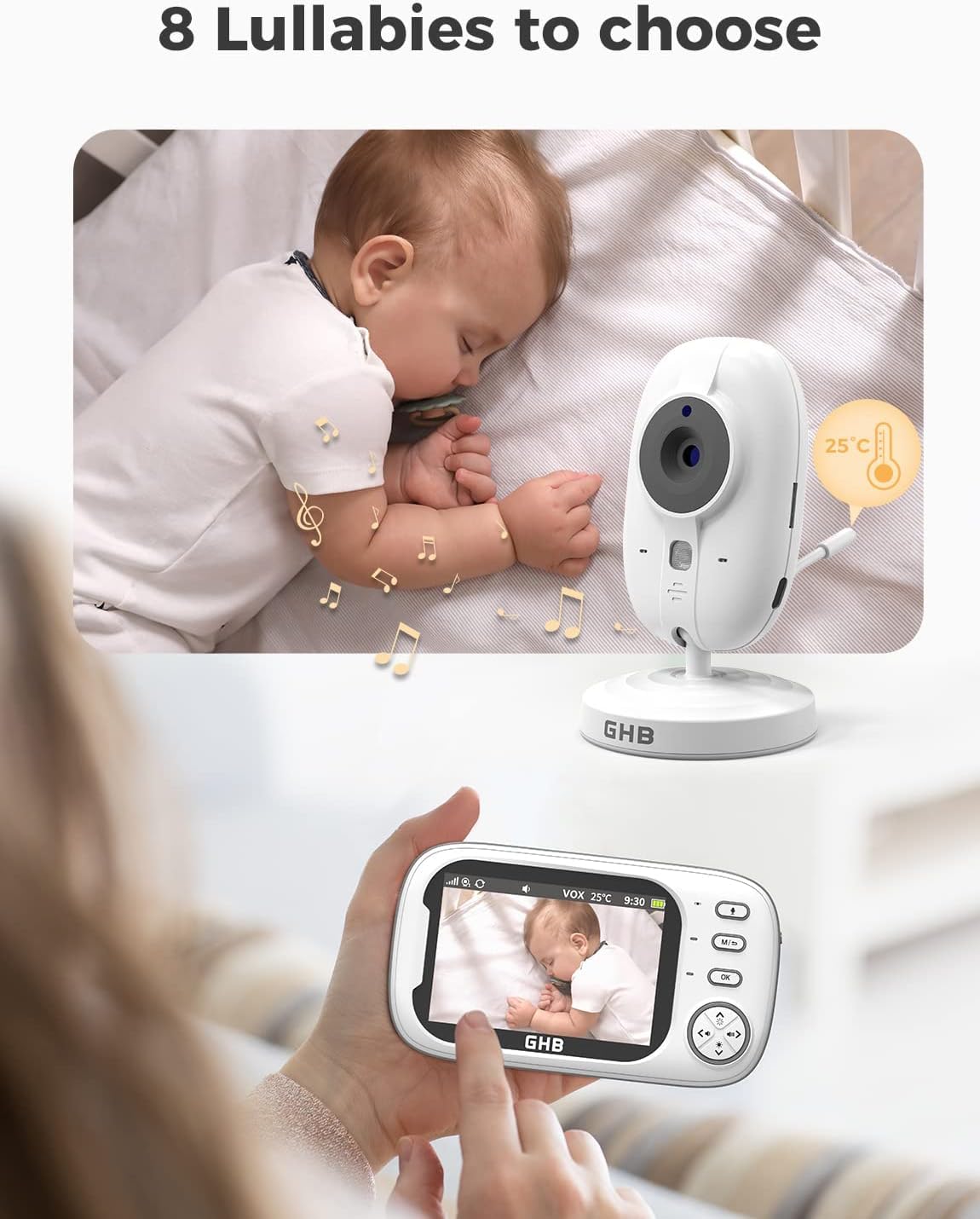 GHB Baby Monitor with Camera and Night Vision, 3.5-inch Video Monitor, VOX Mode, 2-Way Talk, 8 Lullabies, Temperature Alert, Feeding Reminder